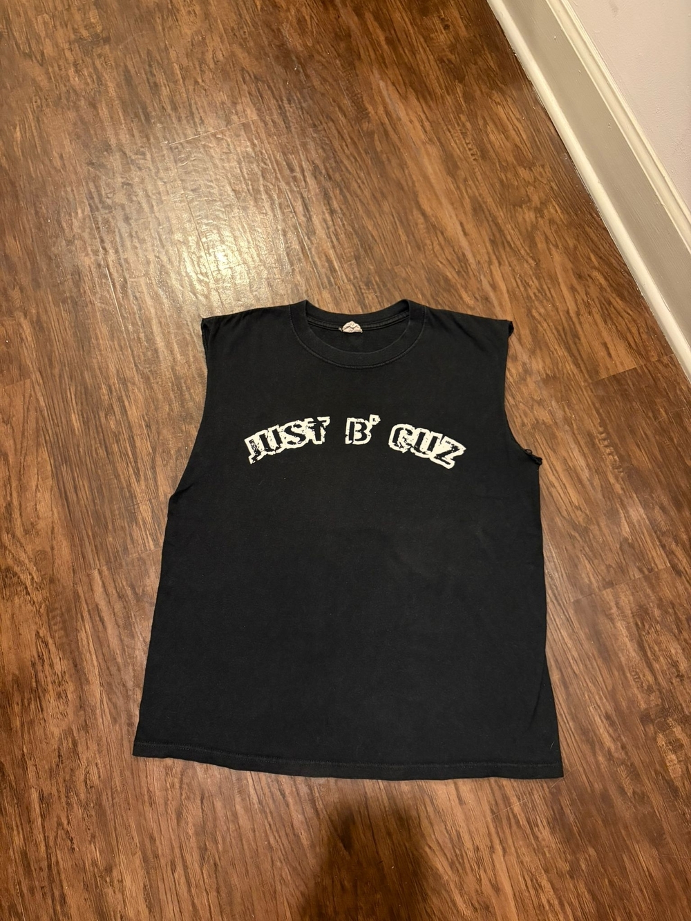 Anvil Black Sleeveless Tank Top with White "Just B' Cuz" Print